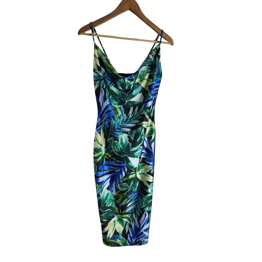 IRIS Tropical Leaf Print Cowl Neck Midi Dress Green Blue M Resortwear Chic